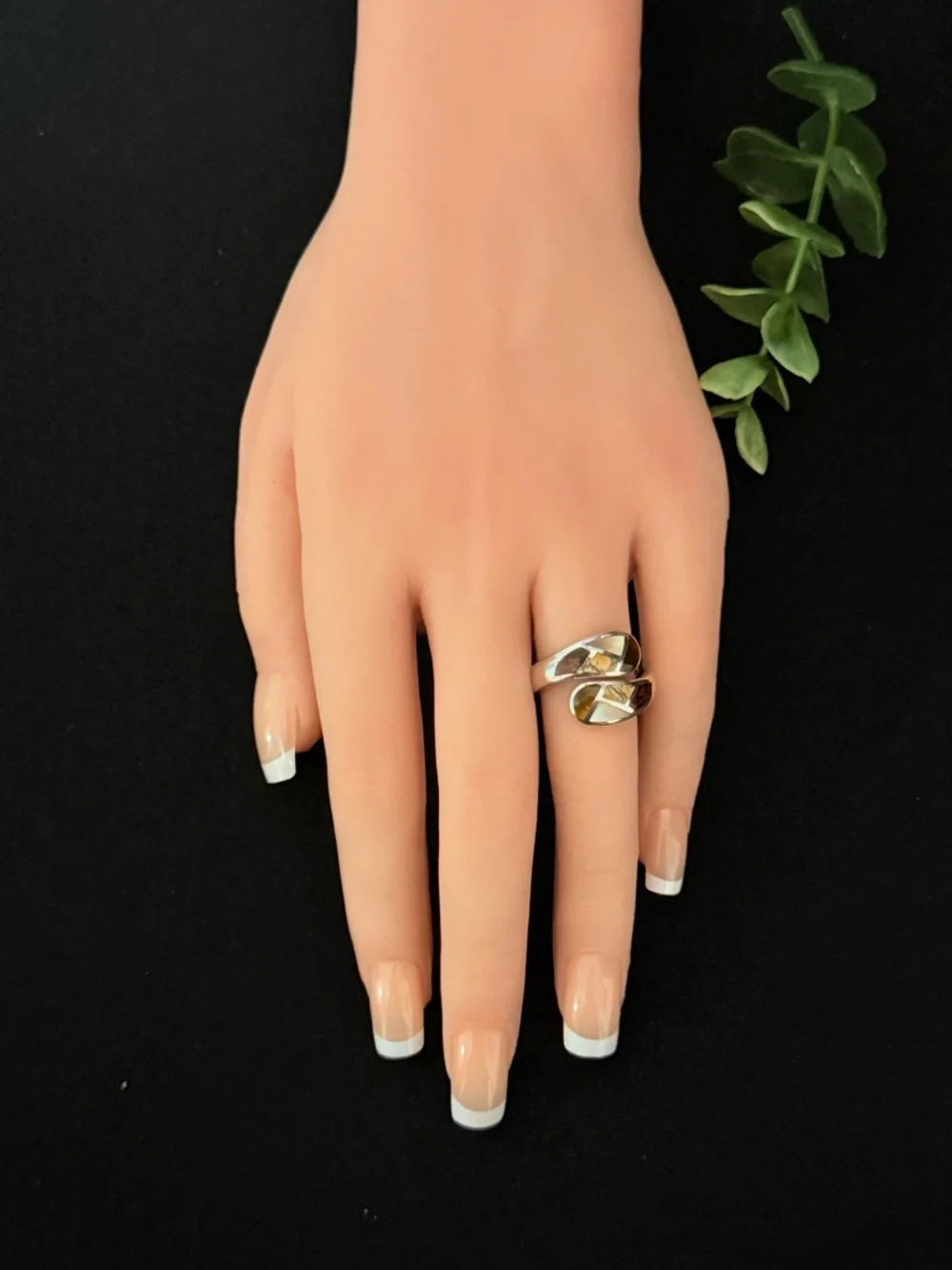 Sterling Silver 925 Multi-Stone Inlay Silver Wrap Ring - Brown, Tan, Cream Inlay